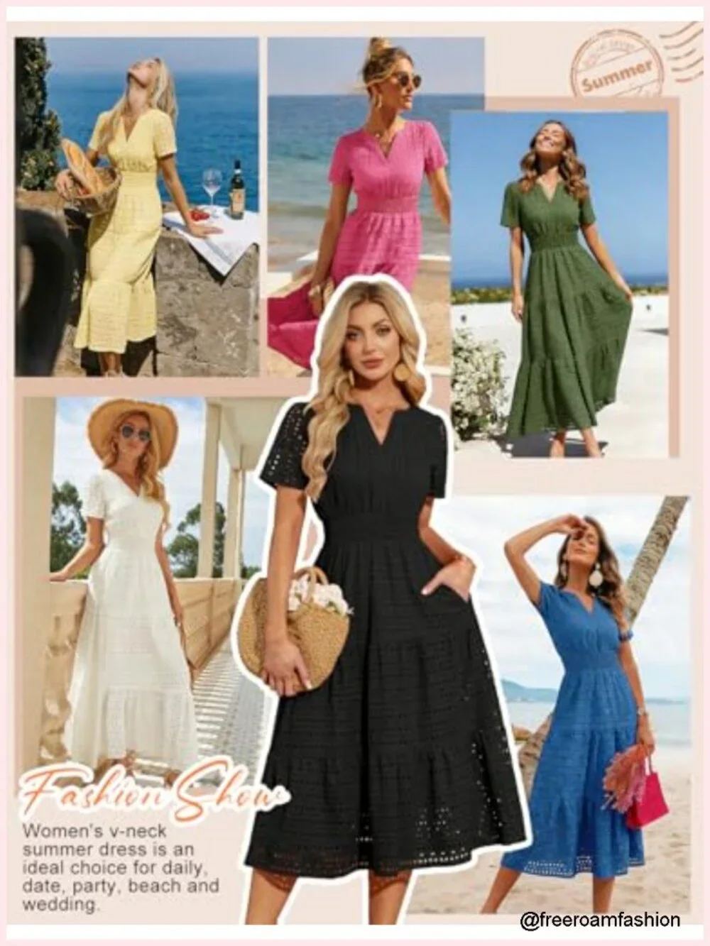 Eyelet Short Sleeve Midi Dress Smocked V Neck Hollow Out Casual Dress with